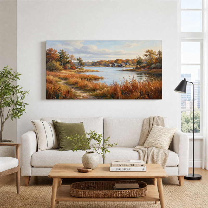 Tableau sur toile représentant une scène automnale de rivière avec des hangars à bateaux et des herbes de marais, 46“W x 24”H