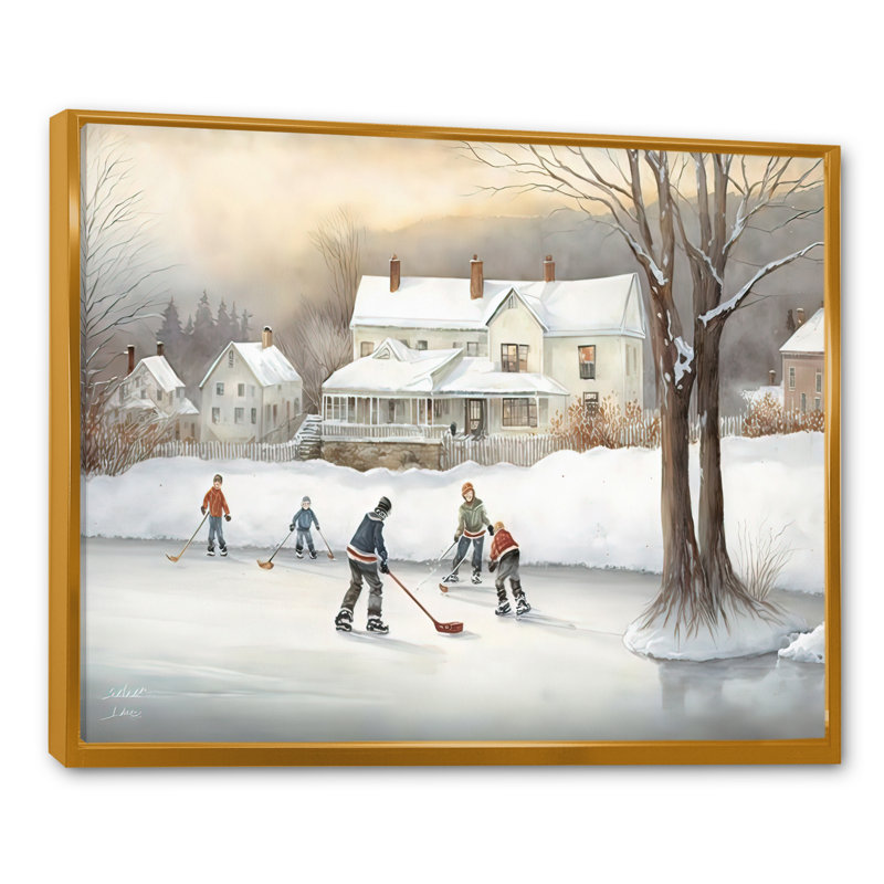 Enfants jouant au hockey en hiver III - peinture sur toile, Cadre flottant doré, H 12 po x l 20 po x P 1 po