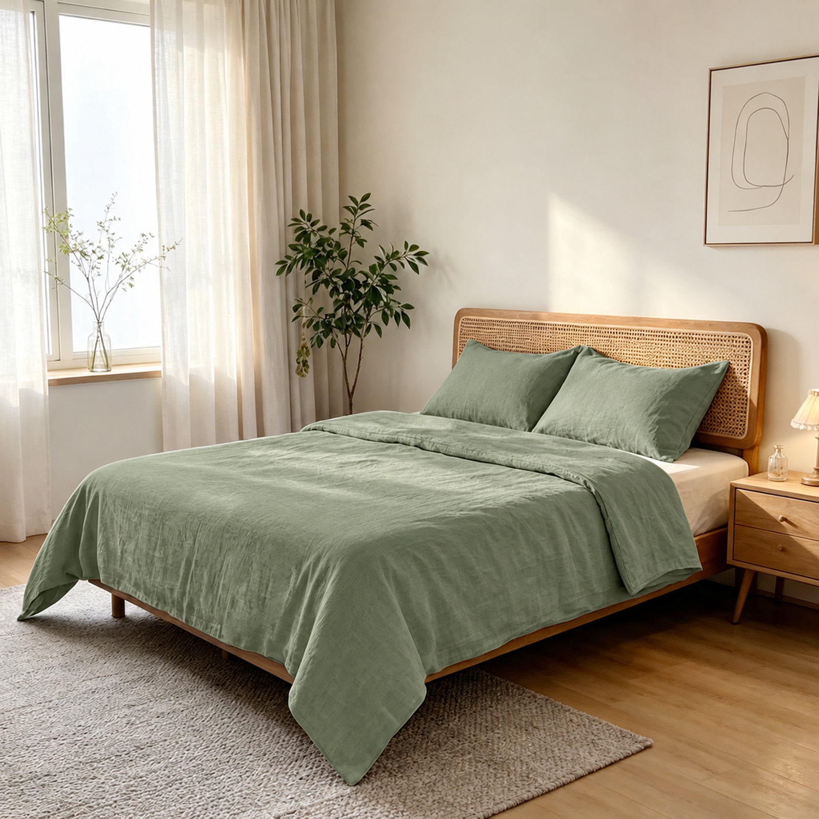 100% Flax Linen Solid Duvet Cover Set with Pillow Shams, King, Olive Green