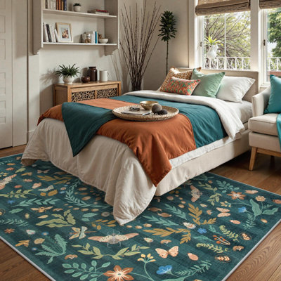 Navy Blue Botanical Insect Machine Washable Runner Rug with Non-Slip Backing