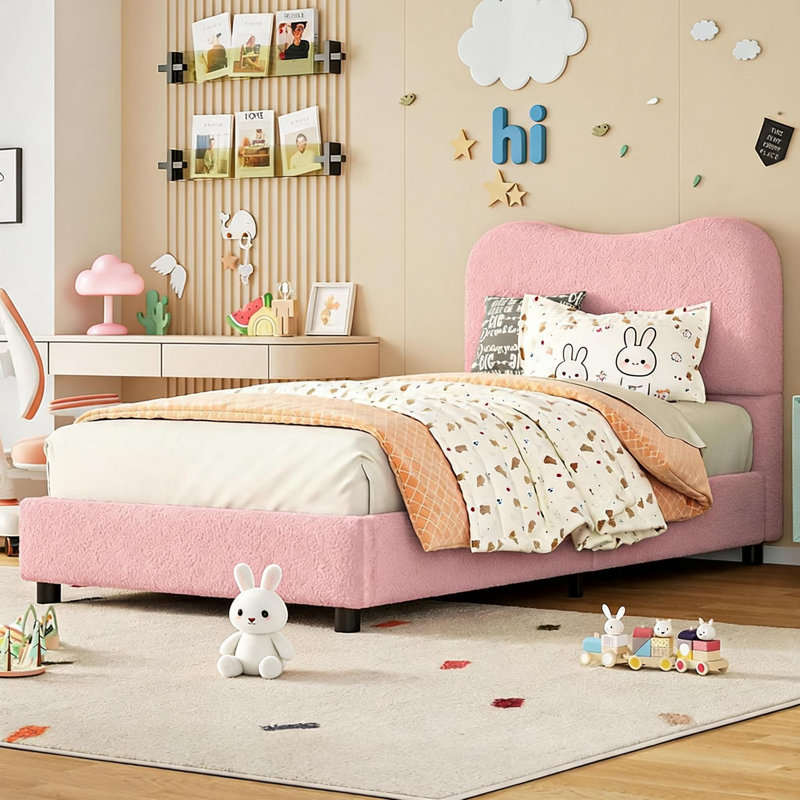 Structure de lit simple pour enfants, lit tapissier Cloud, coins arrondis, sans sommier, Pink