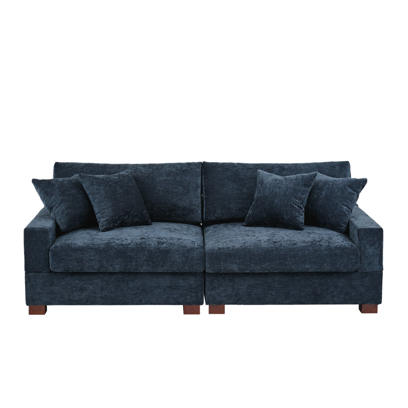 2 - Piece Upholstered Blue Chenille Modular Sectional Sofa with Armrests & Throw Pillows, Blue