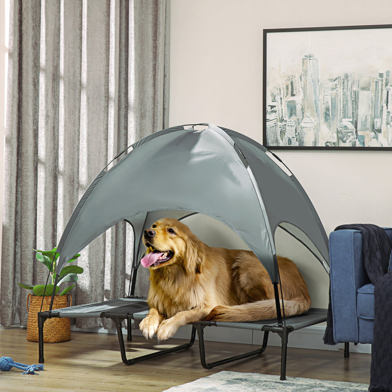 Lit de camp portatif surélevé gris pour animaux de compagnie 48 po avec filet et protection solaire
