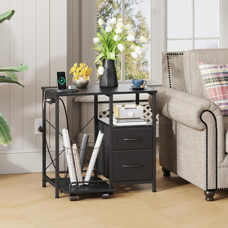 Printer Stand With Power Outlet And USB Ports, Rolling Shredder Stand With Fabric Drawers And Storage Shelf, Sturdy Home Office Printer Table With Multi-Functional Design