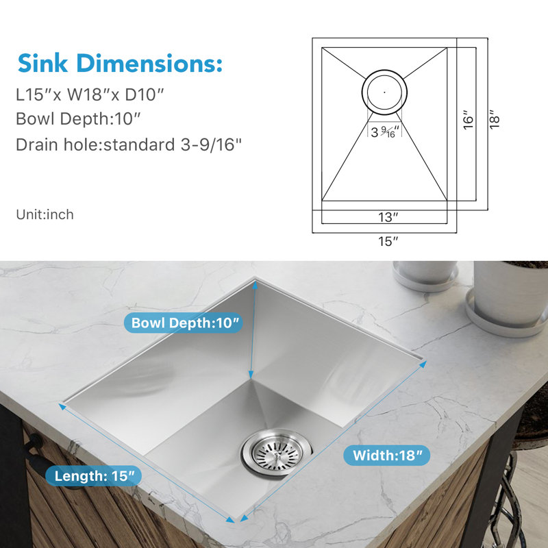 18" L x 15" W Under Mount Square Stainless Steel Bar Sink Single Bowl Kitchen Sink