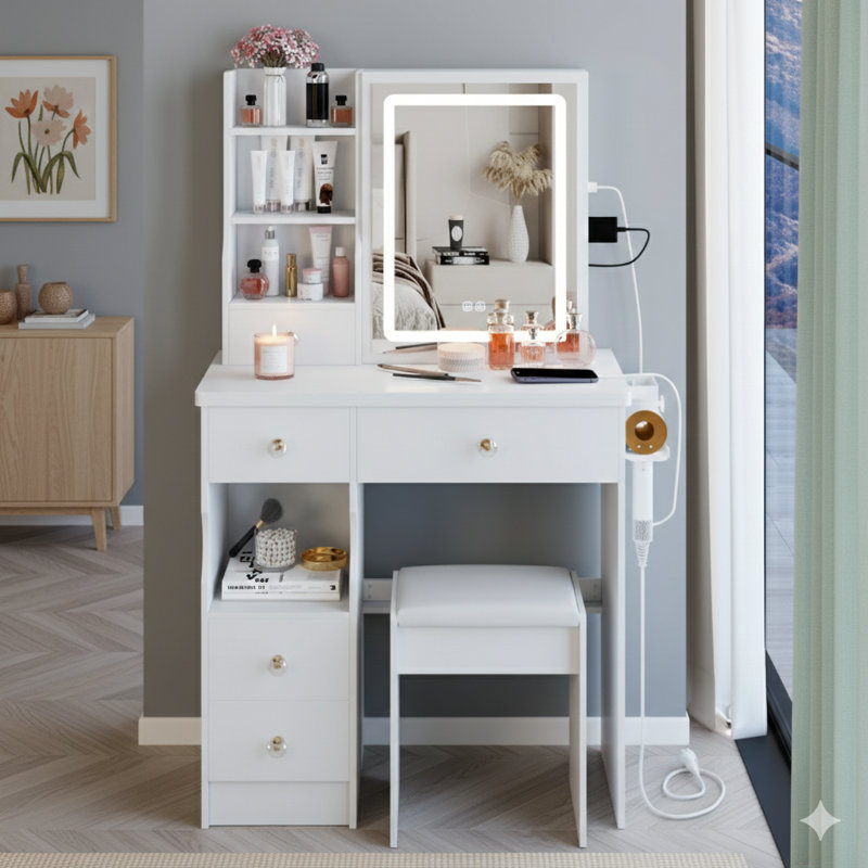 29.2-Inch Small-Sized Unit Combining A Left Drawer Desktop/Vanity Table And A Cushioned Stool. Features 2 AC Outlets + 2 USB Ports, A Hairdryer Bracket, And An Extra-Large Touch-Control Sliding LED Mirror With Tri-Color Switching And Adjustable Brightnes