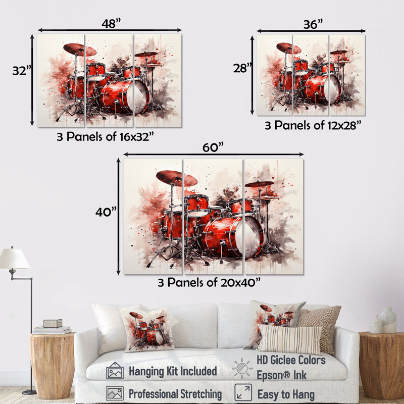 Music Drums Pulse Deep Red - ensemble d'art mural sur toile, H 28 po x l 36 po x P 1 po