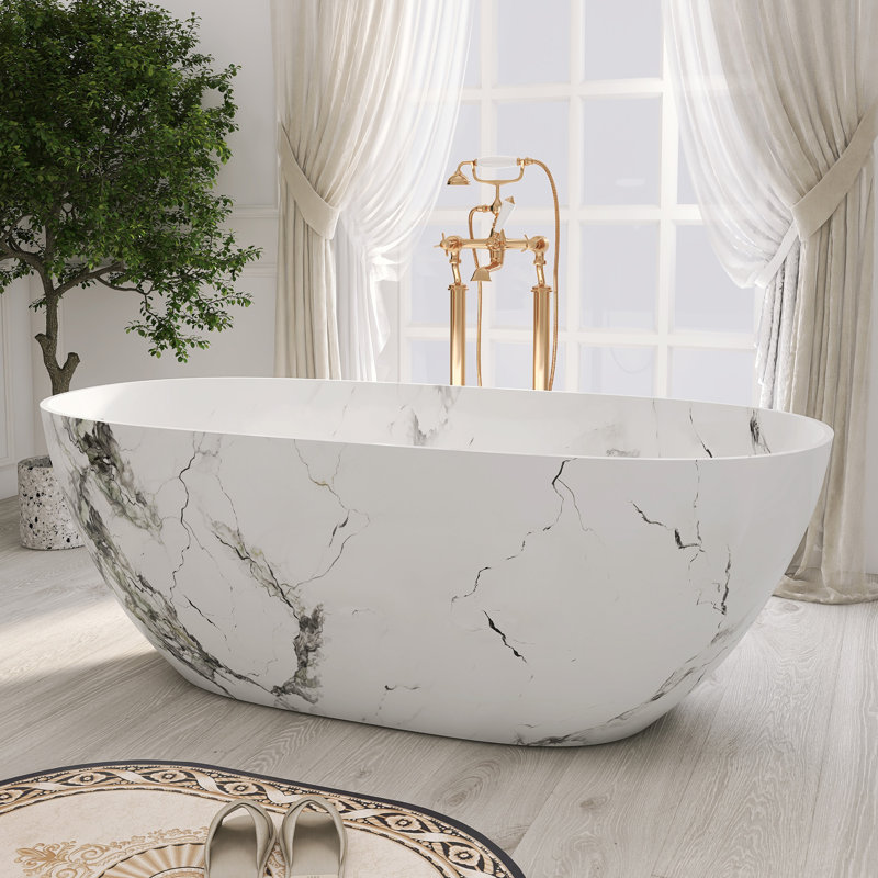63" Freestanding Bathtub Solid Surface Freestanding Soaking Tub, White