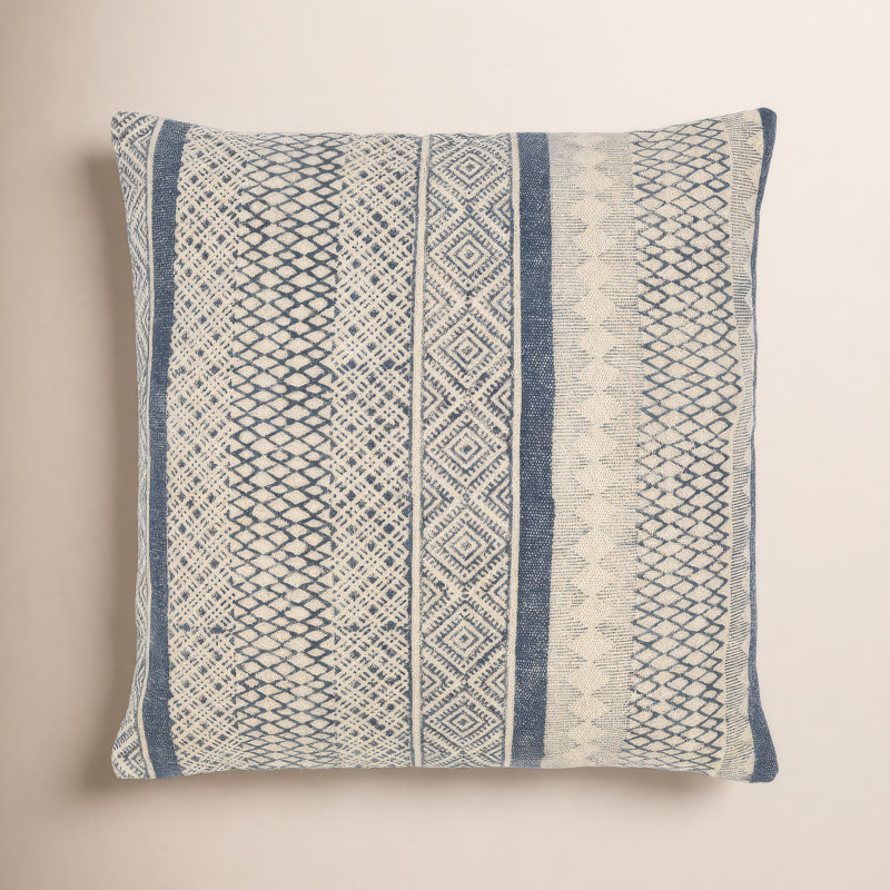 Zetta Geometric Cotton Throw Pillow, 22" x 22", Polyester/Polyfill, Beige/Denim
