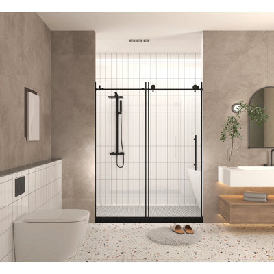 Frameless shower door 56-60 "W x 76" H, 1/4 "(6 mm) Clear Tempered Glass, Explosion Proof Film, Stainless Steel Handle, Matte Black