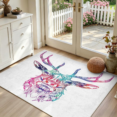 Tapis d'intérieur blanc lavable à la machine, motif tête de cerf et mandala tigre.