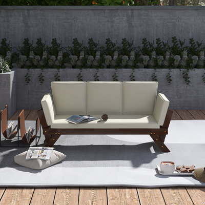 78.7" Brown Solid Wood Outdoor Patio Day Bed with Gray Cushions