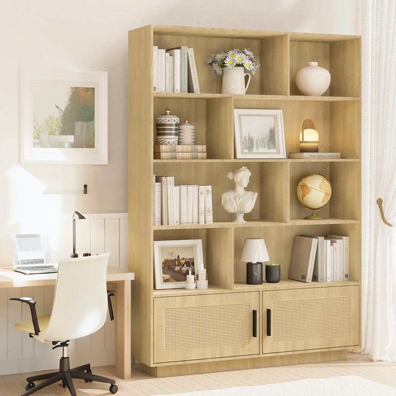Bibliothèque à 5 niveaux avec portes en rotin, bibliothèque en bois et bibliothèque avec rangement