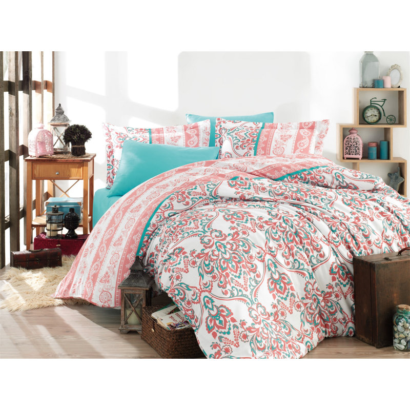 Ensemble de housse de couette 100% coton 3 pièces blanc / turquoise / rose Osiris
