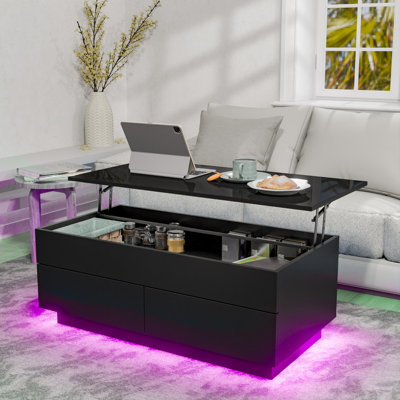 Table basse à plateau relevable avec lumières à DEL multifonctionnelles, compartiment caché et tiroirs Chappa