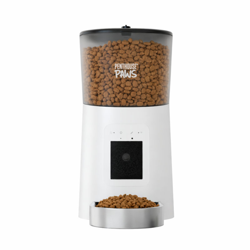 Mangeoire automatique pour animaux Penthouse Paws Smart HD, capacité de 6L de nourriture sèche, caméra de 1 080p, audio bidirectionnel, repas programmés, alimentation de secours, facile à nettoyer, conception anti-bourrage pour chat et chien, blanc / acier inoxydable