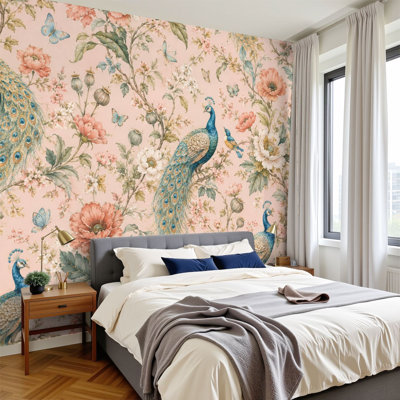 Papier peint à peler et coller Élégants paons à motifs floraux papillons muraux rose tendre H 100 po x l 144 po Papier mural amovible en PVC auto-adhésif pour le bureau de la chambre à coucher