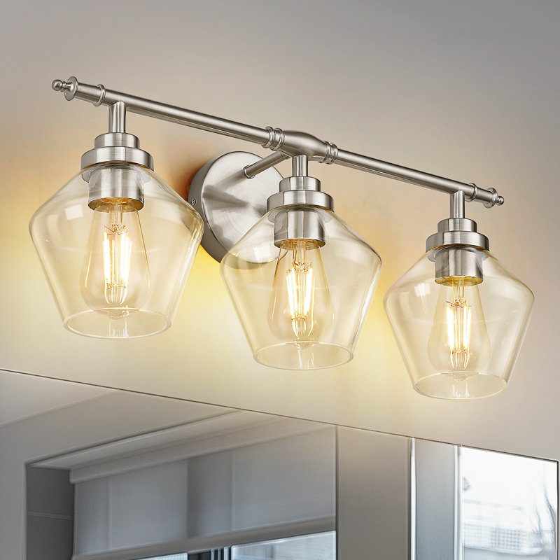 Meuble-lavabo à 3 lumières avec abat-jour en verre transparent, nickel brossé, Nickel brossé, Trois lumières