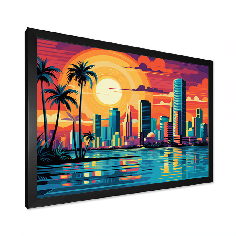 Pop Art Miami Cityscape I - décoration murale Pop Art, Cadre simple noir, H 34 po x l 44 po x P 1,5 po