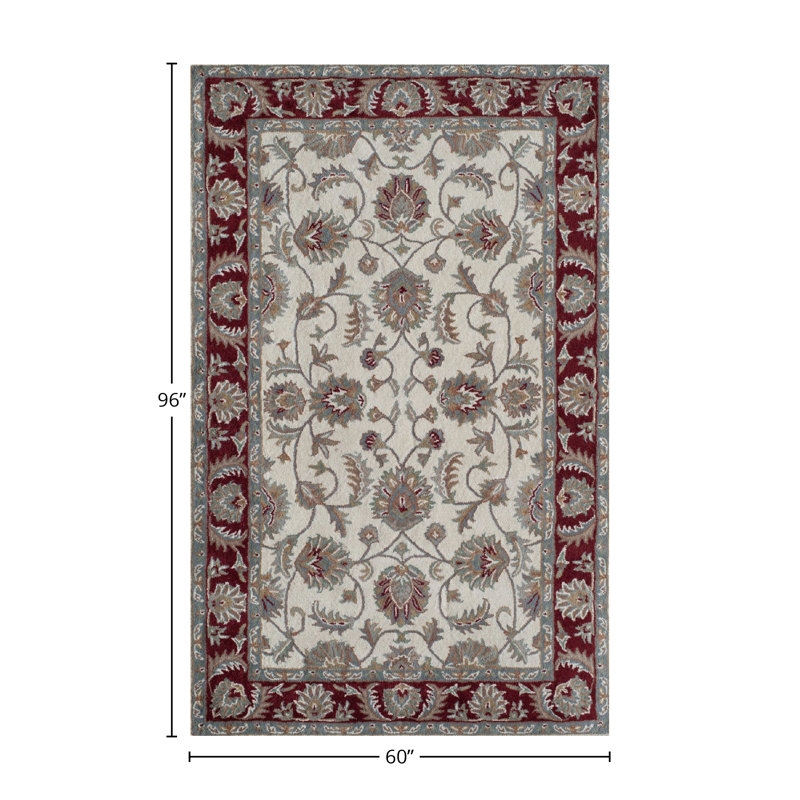Handmade Ivory Burgundy Wool Oriental Area Rug, 5' x 8'