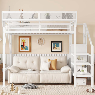 Lit mezzanine simple en métal de taille XL avec escalier, tablettes de rangement et garde-robe intégrée pour enfants et adolescents, blanc