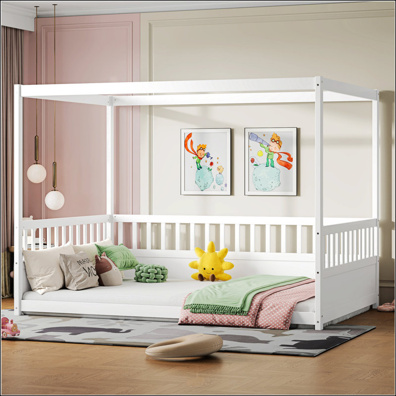 Full Size Canopy Bed Frame With Guardrails, Full, White
