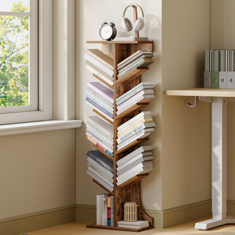 Tree Bookshelf, 11 Tier Narrow Bookcase, Display Shelf, Book Organizer, Small Floor Standing Book Shelf for Bedroom, Living Room, Home Office, Rustic Brown