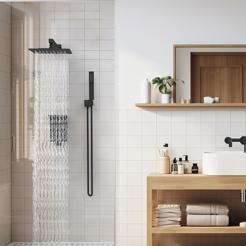 Rainfall Shower System With Storage Rack 10 Inch Shower Faucet Set Matte Black With High Pressure With Square Shower Head Luxury Shower Set Wall Mount