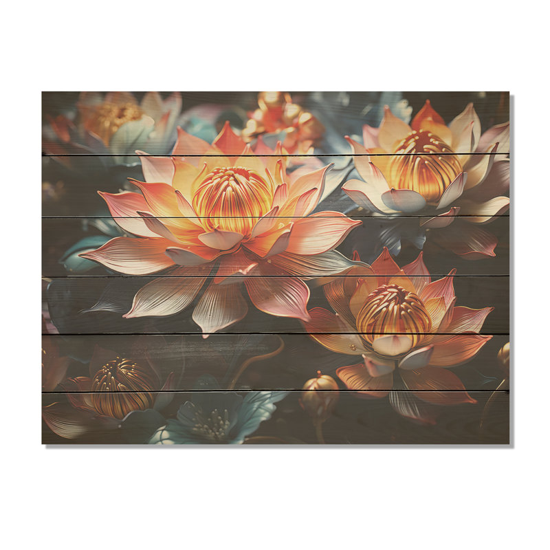 Elegance In Lotus Blooms I - Art mural sur bois de pin naturel, H 10 po x l 20 po