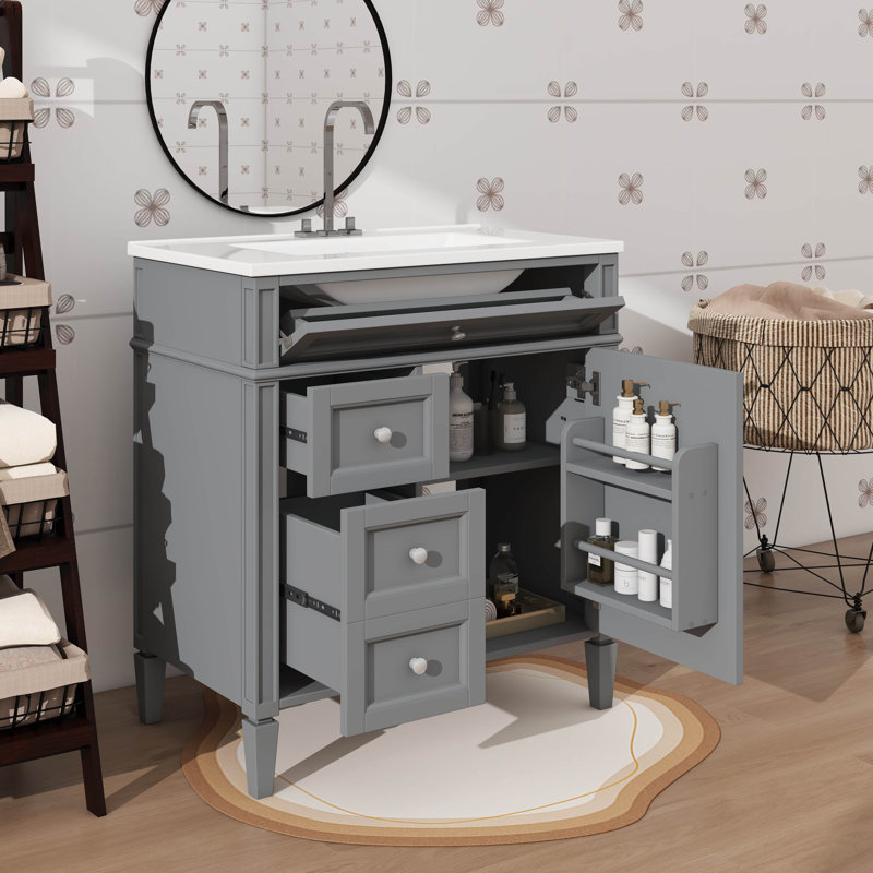 Meuble-lavabo de 30 po sans lavabo supérieur, armoire contemporaine avec 2 tiroirs et 1 tiroir basculant, Gris