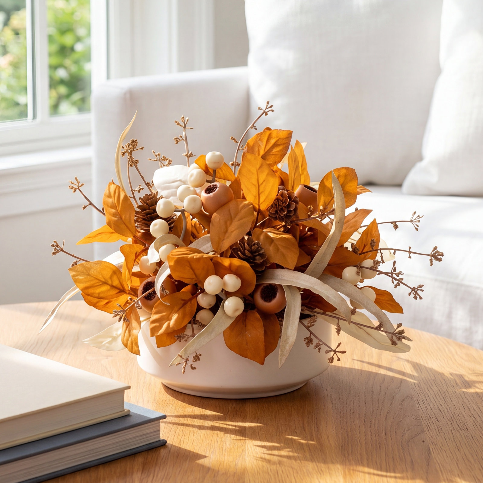 5.5" Artificial Fall Mixed Foliage Orb, Brown-Cream