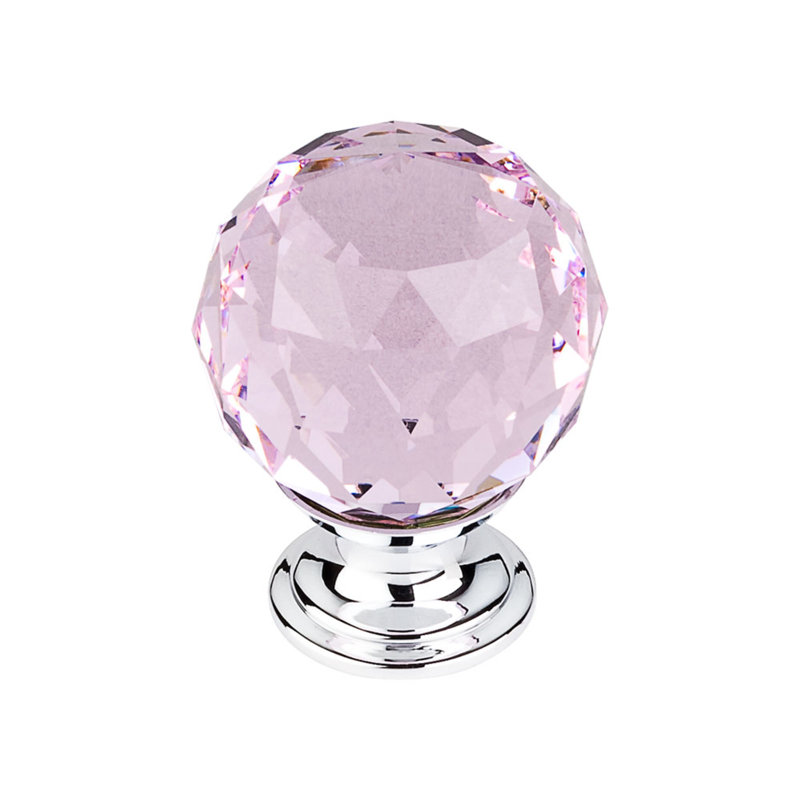 Clear Crystal 1 3/8" Diameter Round Knob, Polished Chrome, Pink