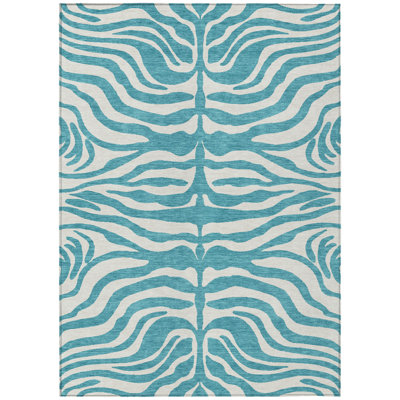 9' X 12' Teal Blue And Ivory Animal Print Washable Indoor Outdoor Area Rug