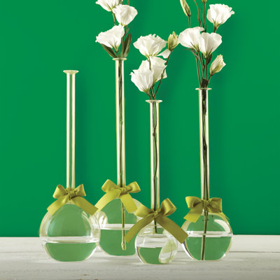 Ensemble de 4 vases bulles avec ruban vert sauge, 30 cm de hauteur, en verre soufflé à la main, style élégant et chic.