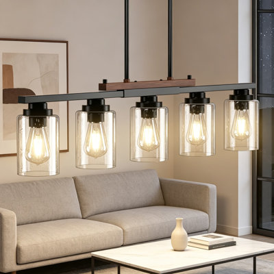 Dining Room Light Fixture 5-Light Kitchen Island Lighting With Adjustable Rods, Farmhouse Black Metal And Wood Chandelier With Seeded Glass Shades