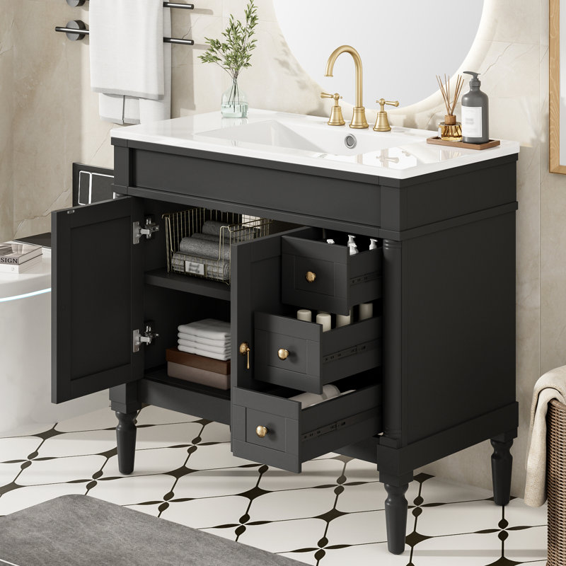 Meuble-lavabo simple 36 po avec lavabo en céramique, Noir