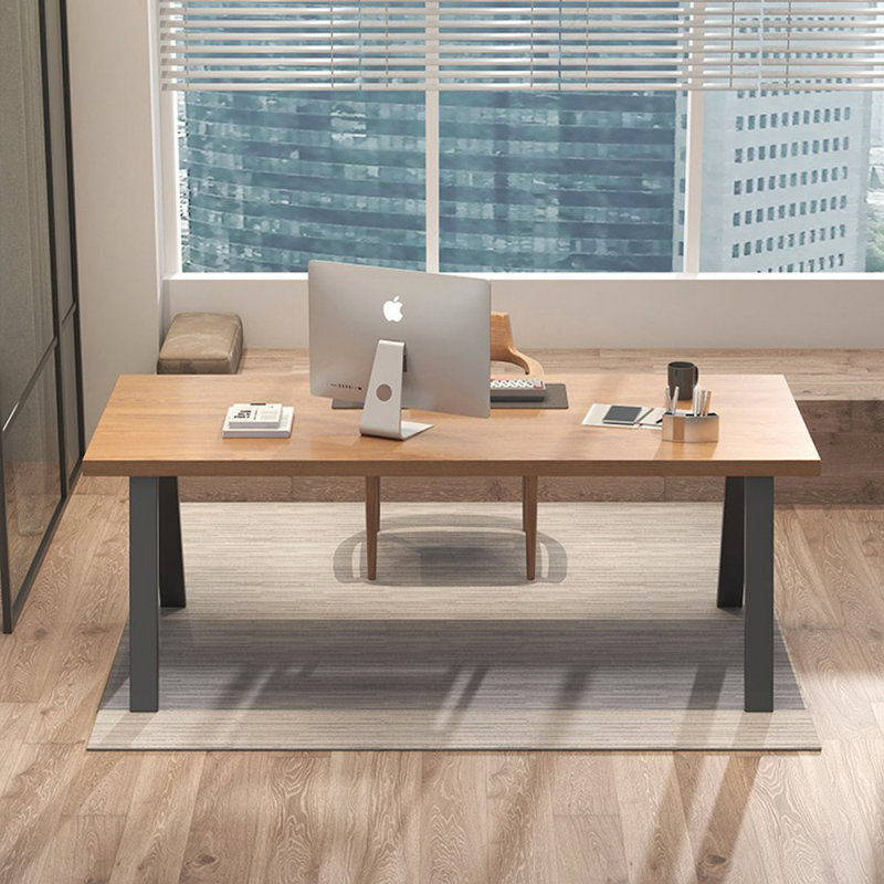 Brown+Black Rectangular Solid Wood+Iron desks, 29.53" H x 78.74" W x 31.5" D