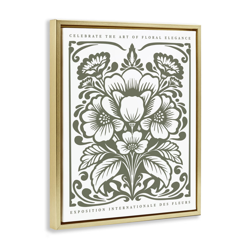 «Green Outline Floral Bouquet», art mural encadré, Cadre flottant gris lustré, H 31 po x l 25 po