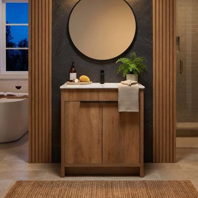 30" Modern 3D Fluted Bathroom Vanity With Integrated Ceramic Sink, Waterproof MDF Cabinet With 2 Drawers (Golden Oak)