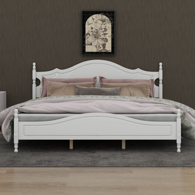 King Size Retro Wooden Platform Bed Frame with Headboard, Solid Pine Wood Bed Frame with Wood Slat Support