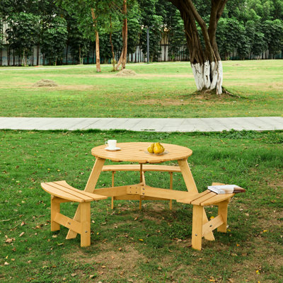 Table de pique-nique d'extérieur pour 6 personnes, 3 bancs encastrés et un trou pour parasol. Bois naturel, intempéries, jardin imperméable, cour arrière, porche avec jardin