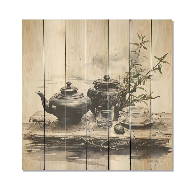 Service à thé noir et blanc «Potteries II» - poterie bohème sur bois, H 15 po x l 15 po