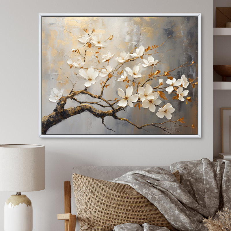 Arbre floral doré et gris sérénité - oiseau, art mural, Cadre flottant blanc, H 34 po x l 44 po x P 1,5 po