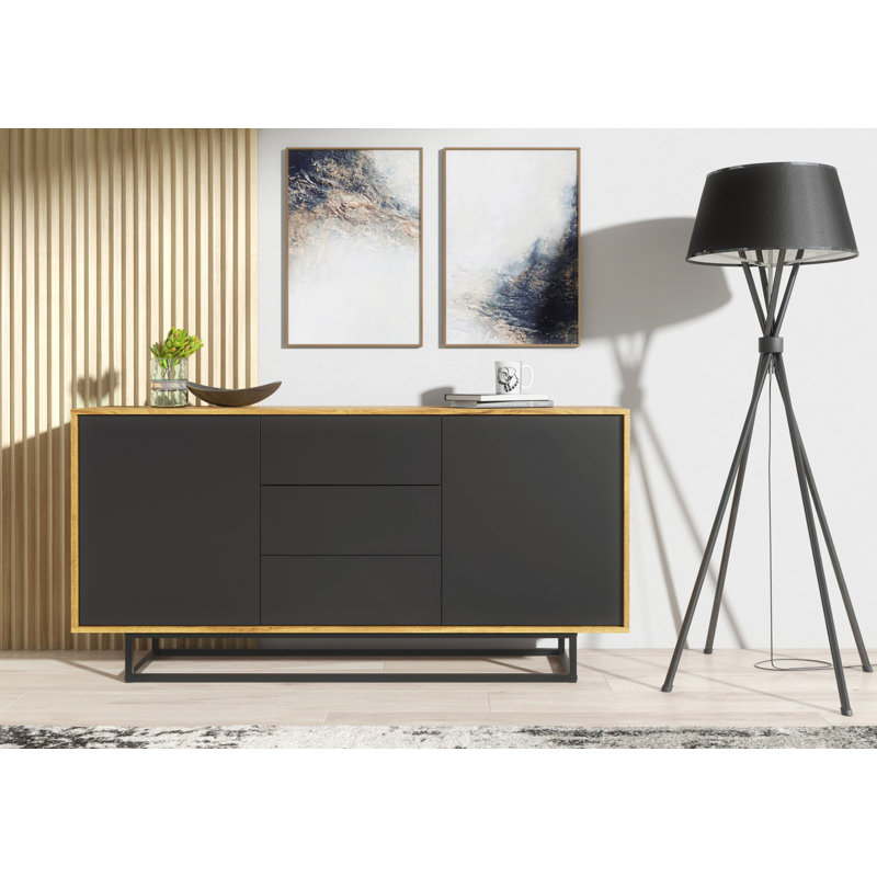 Vintage Loft Industrial Sideboard with Cabinet, Cupboard, and Drawers, Oak/Black