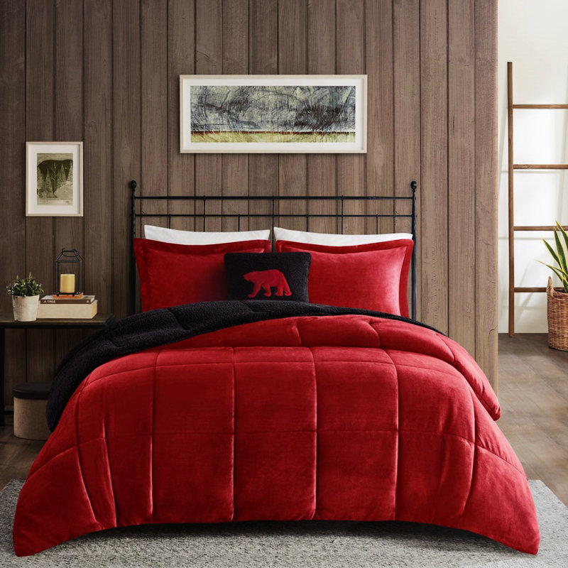 Édredon double / grand rouge et noir avec coussin de confort rouge et noir