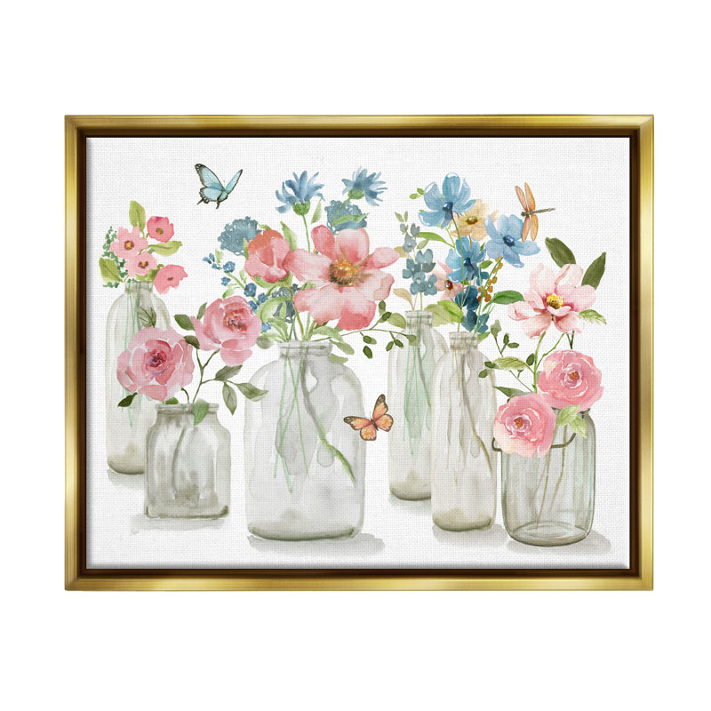 " Pink & Blue Flowers ", Metallic Gold Floater Frame, 17" H x 21" W x 1.7" D