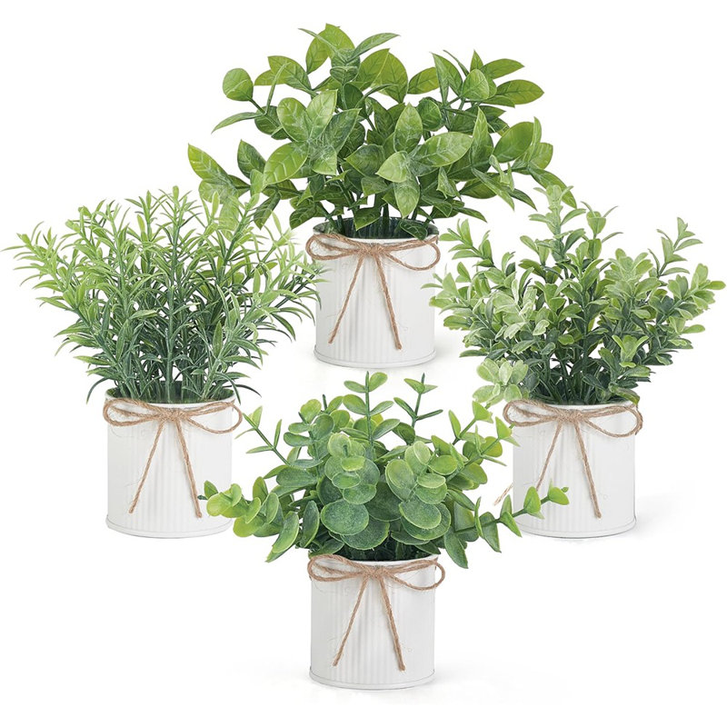 Ensemble de 4 petites plantes artificielles en pots galvanisés de style campagnard - Mini centre de table en eucalyptus artificiel en pot pour tablette, bureau et décoration rustique (blanc)