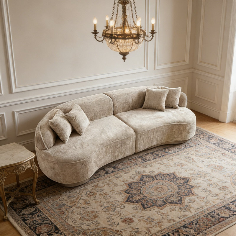 Canapé modulaire incurvé moderne en forme de L Boneless Compression, canapé surdimensionné en tissu Boucle, Chameau