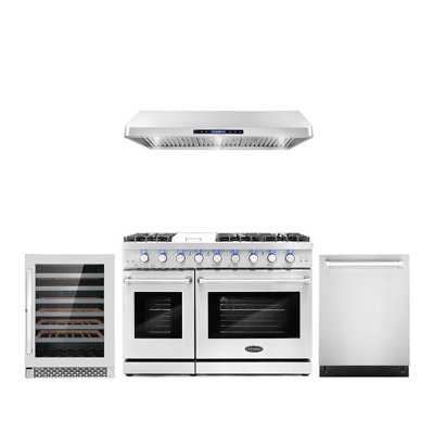 Cosmo 4 Piece Kitchen Appliance Package with French Door Refrigerator , 48 in. Gas Freestanding Range Gas Cooktop , Wall Oven , Dishwasher , and Microwave , and Under Cabinet Range Hood , and Wine Refrigerator , and Air Fryer