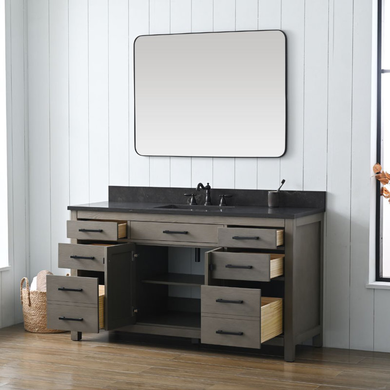 Meuble-lavabo simple 60 po Ajiya, Gris texturé, Calcaire bleu